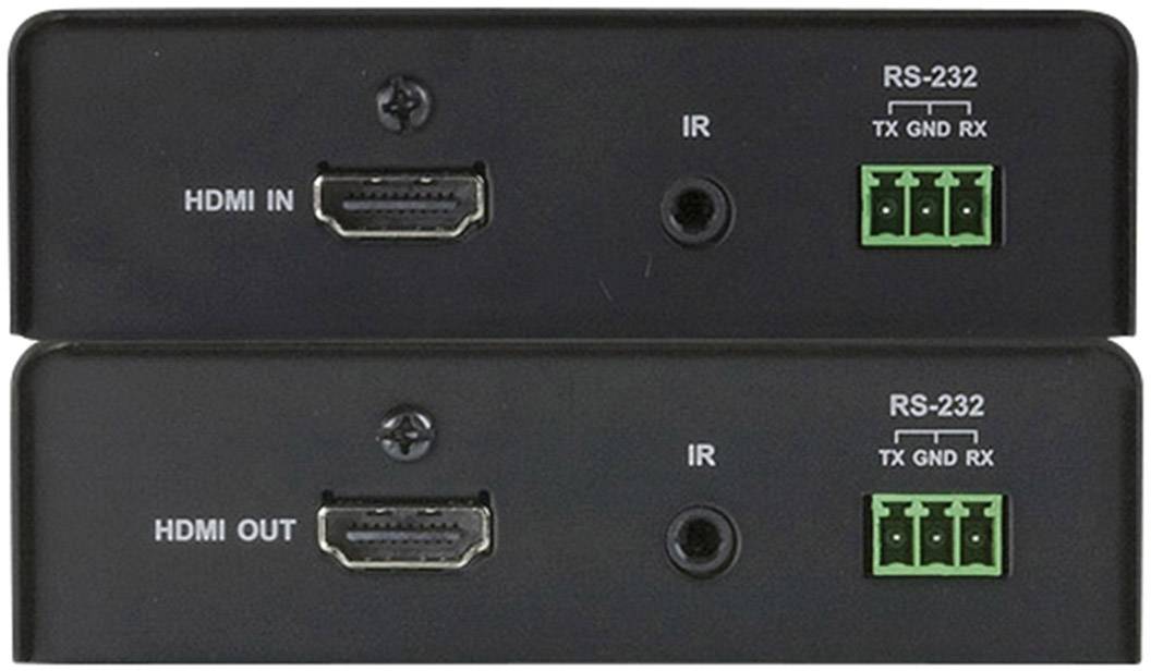 Zwei elektronische Geräte mit HDMI- und RS-232-Anschlüssen. Oben: 'HDMI IN'. Unten: 'HDMI OUT'. Beide mit Infrarotsensor (IR).