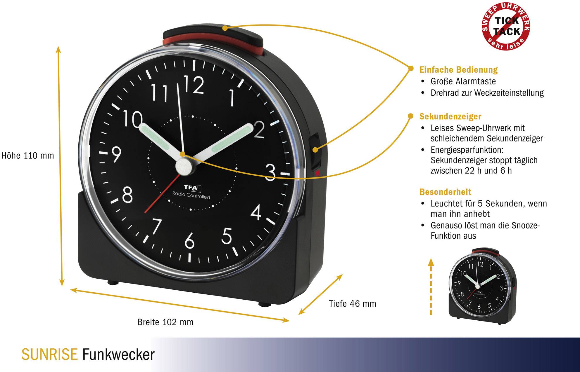 TFA Dostmann 60.1513.01 Funk Wecker Schwarz Fluoreszierend Zeiger