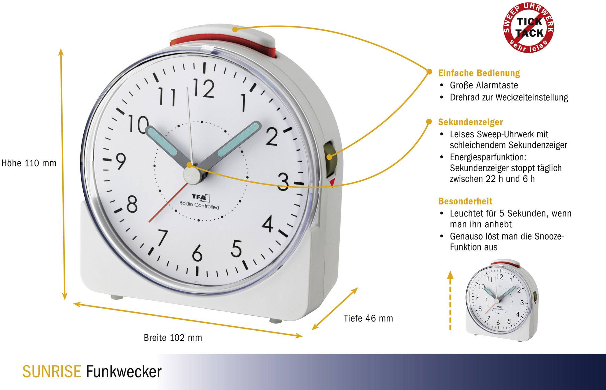 TFA Dostmann 60.1513.02 Funk Wecker Weiß Fluoreszierend Zeiger