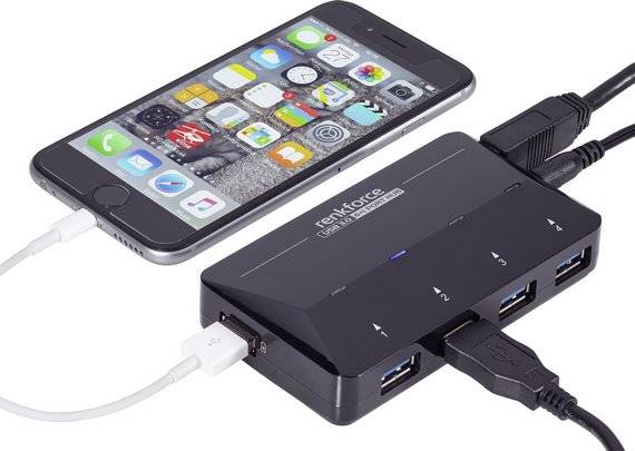 Renkforce 4+1 Port USB 3.2 Gen 1-Hub (USB 3.0) mit Schnellladeport, mit Status-LEDs Schwarz