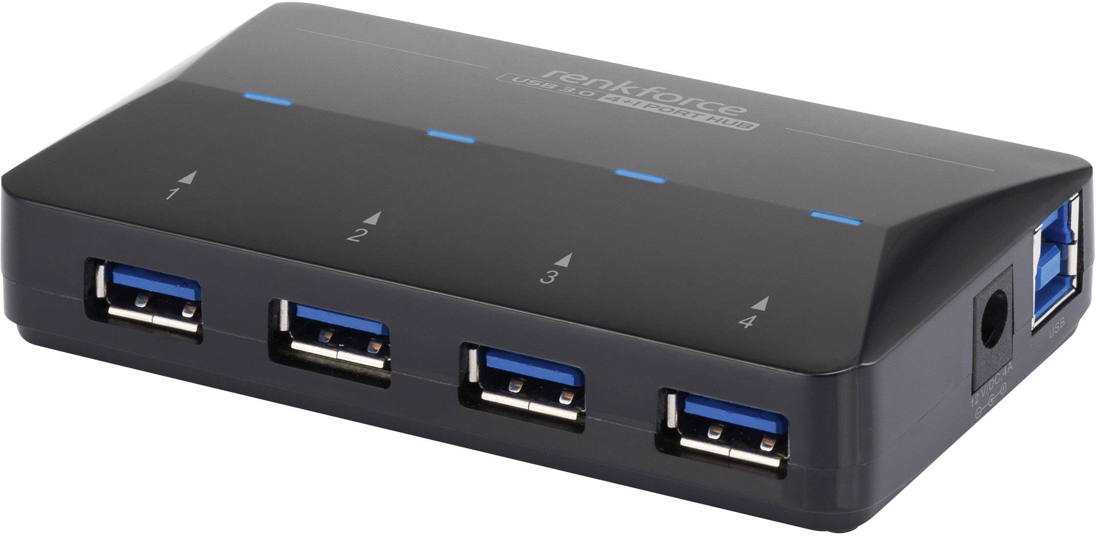 Renkforce 4+1 Port USB 3.2 Gen 1-Hub (USB 3.0) mit Schnellladeport, mit Status-LEDs Schwarz