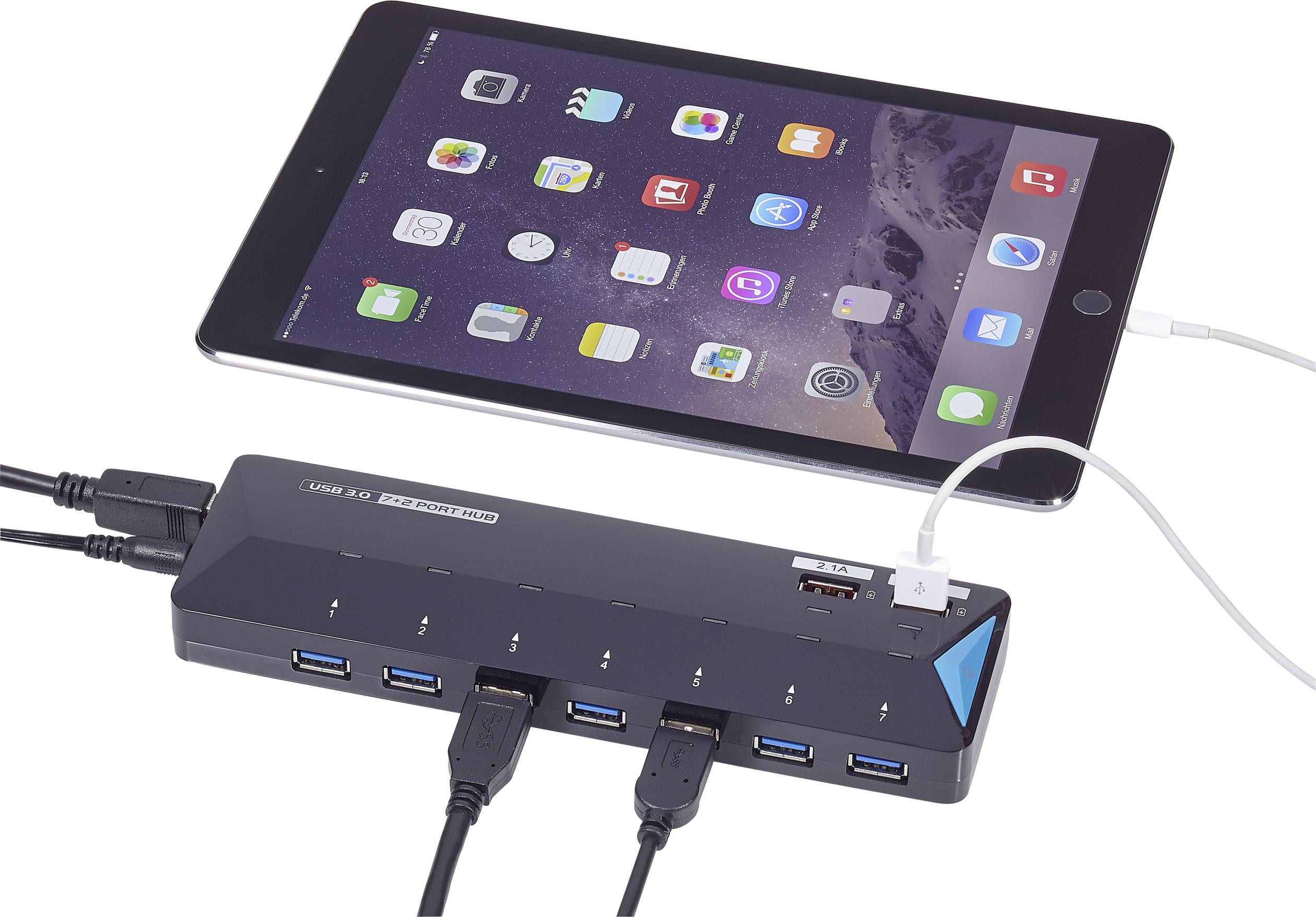 Renkforce 7+2 Port USB 3.2 Gen 1-Hub (USB 3.0) mit Schnellladeport, mit Status-LEDs Schwarz