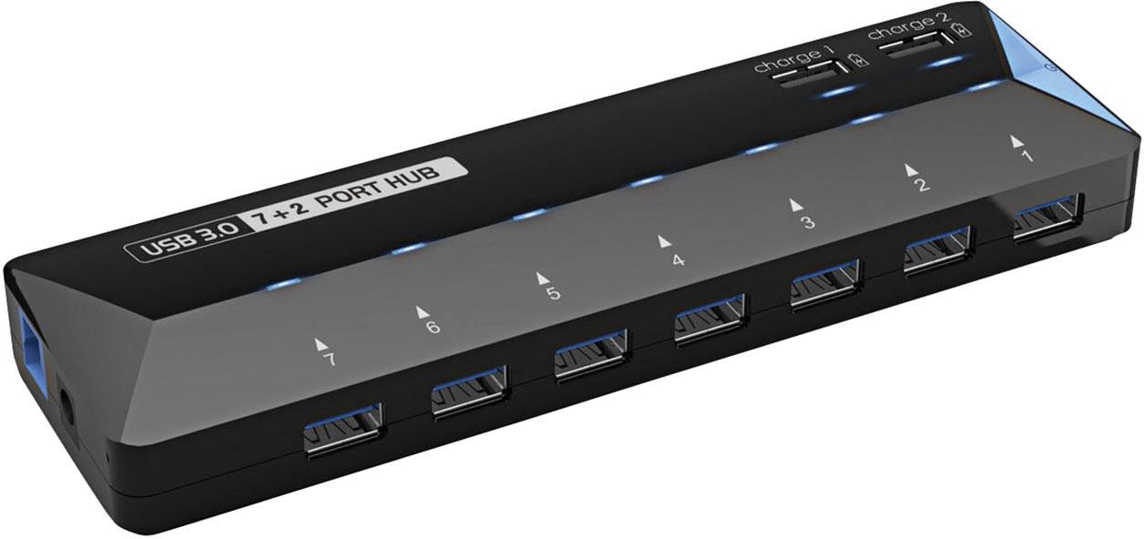 Renkforce 7+2 Port USB 3.2 Gen 1-Hub (USB 3.0) mit Schnellladeport, mit Status-LEDs Schwarz