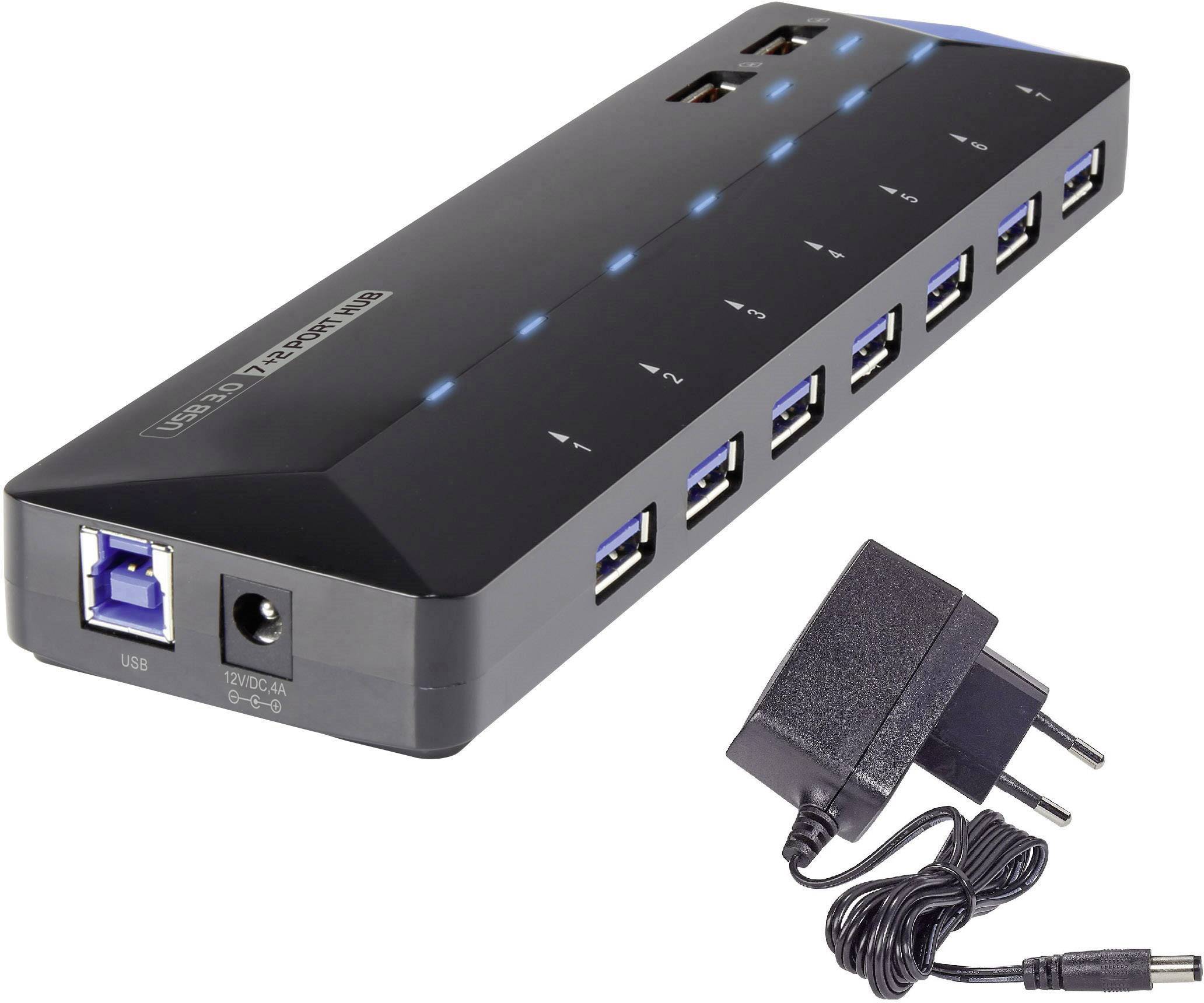 Schwarzer USB-Hub mit sieben USB-Ports und blauen LED-Anzeigen, daneben ein Netzteil. Ideal zum Anschließen mehrerer Geräte.