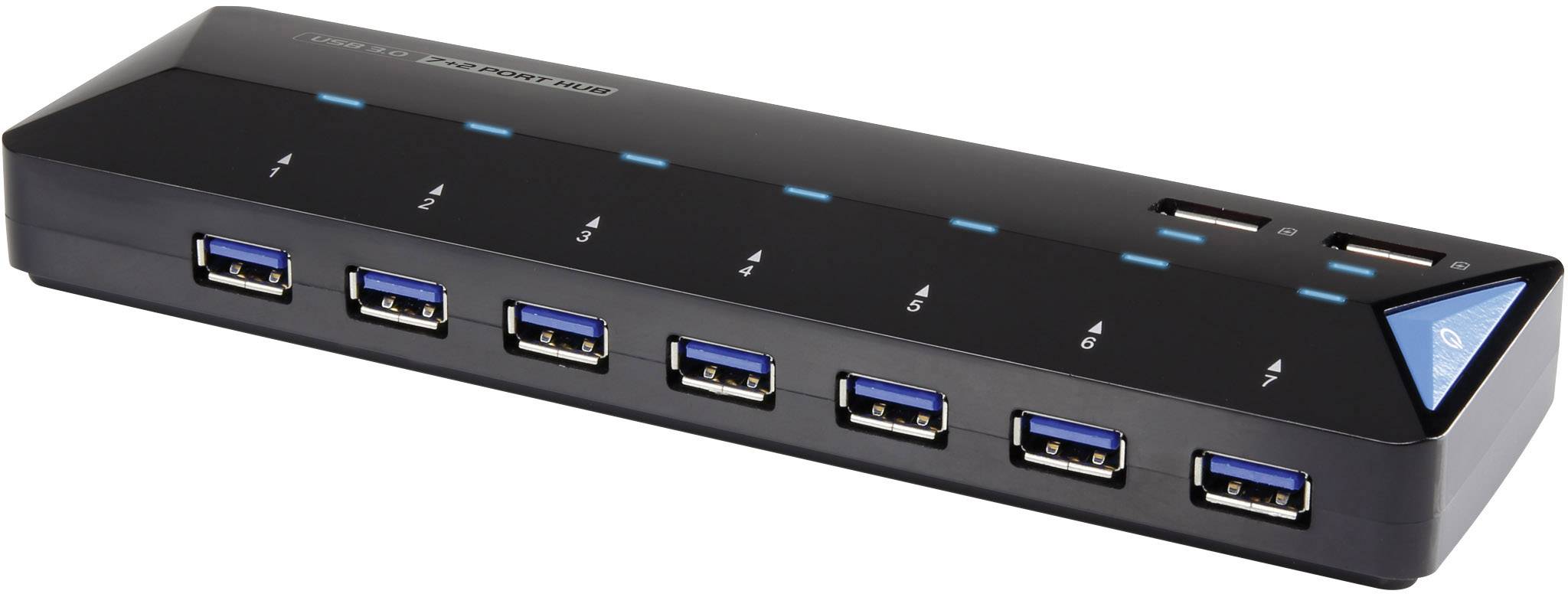 Ein schwarzer USB-Hub mit sieben USB-Anschlüssen vorne und zwei oben. Geeignet zur Erweiterung von USB-Kapazitäten an Computern.