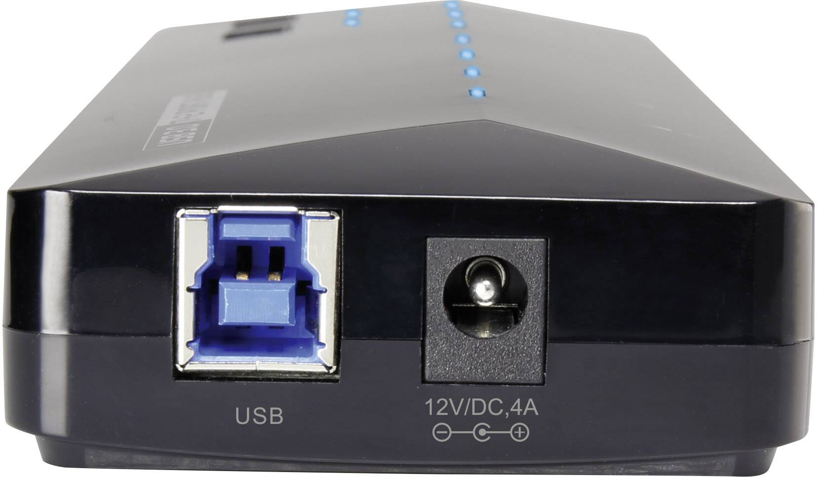Ein schwarzer Router von hinten, zeigt einen blauen USB-3.0-Anschluss und einen Stromanschluss mit '12V/DC, 4A' Beschriftung.
