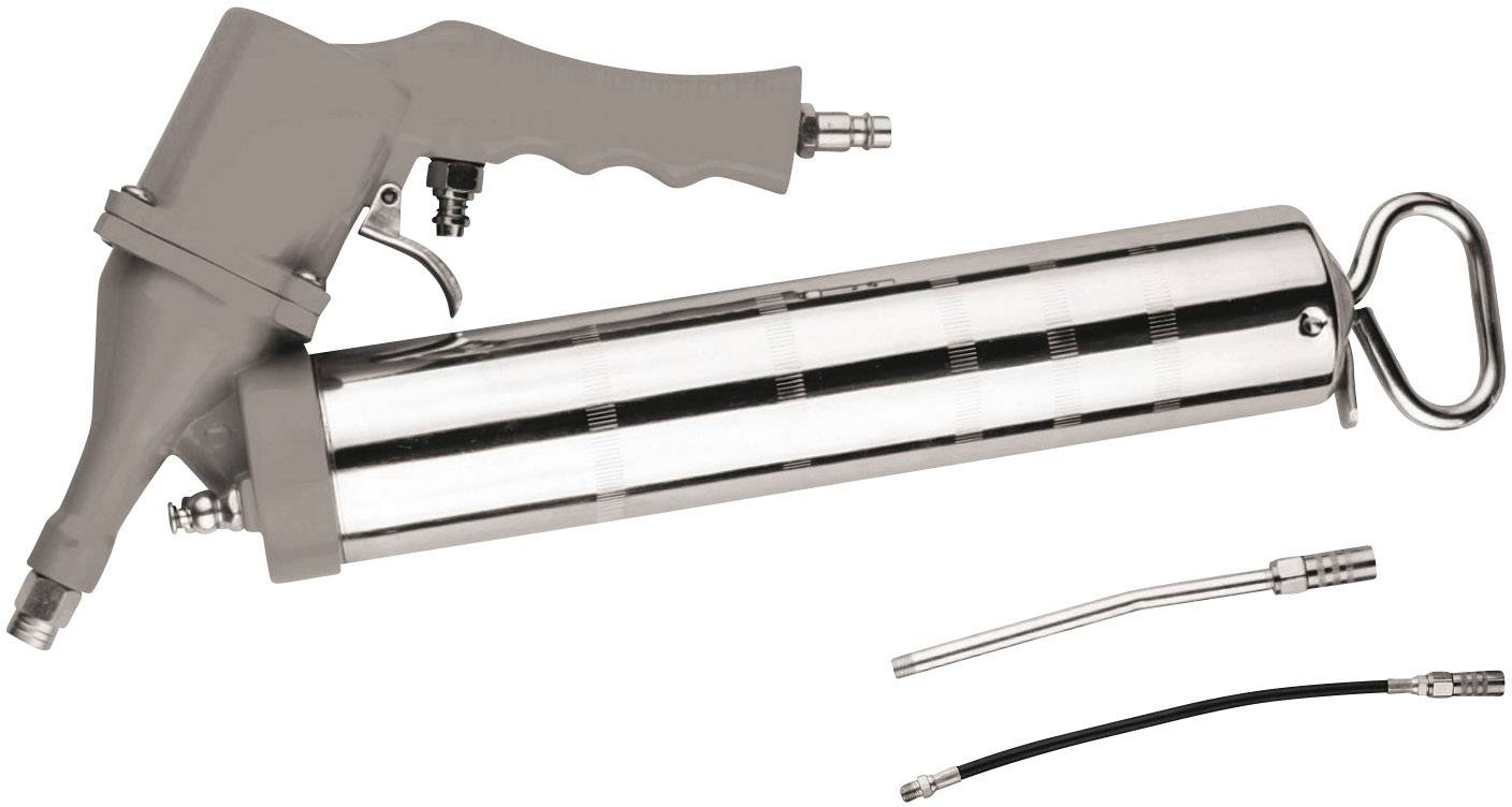 Fettpresse mit ergonomischem Griff und Metallzylinder, ein flexibler und ein starrer Schlauch sind daneben abgebildet.