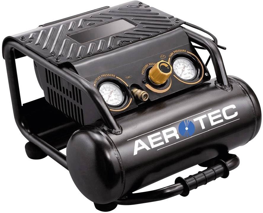 Ein schwarzer Kompressor mit zwei Druckmessern, Markenname 'AEROTEC', geeignet für Druckluftanwendungen, verkabelt für Stromversorgung.