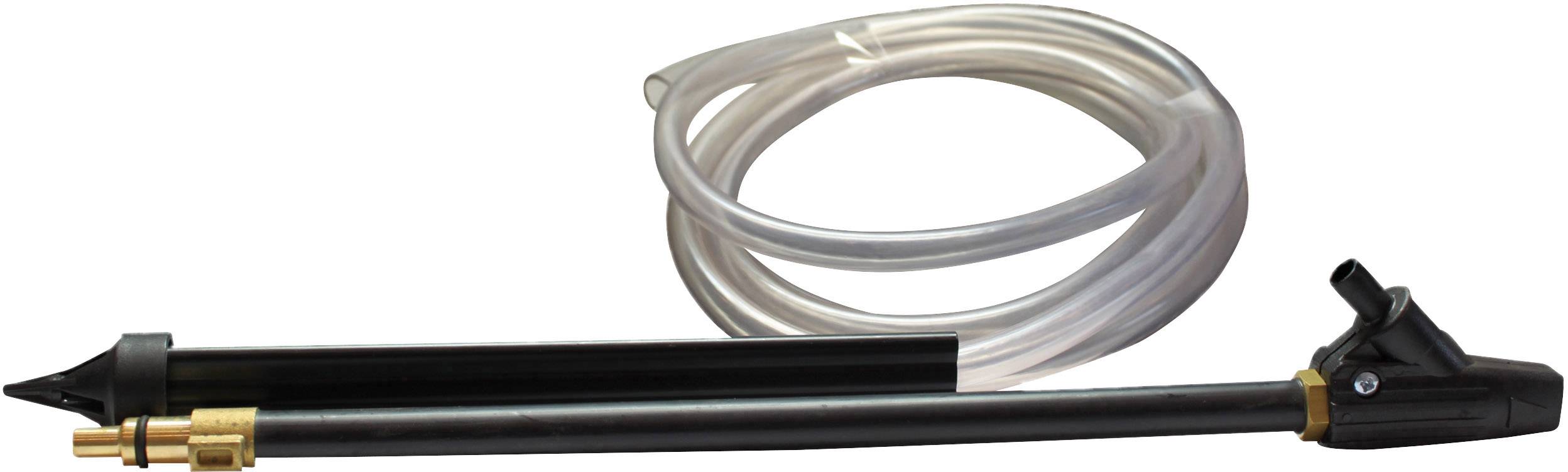 Ein manuelles Saugrohr mit einem schwarzen Griff, einem goldfarbenen Ventil und einem transparenten Schlauch.