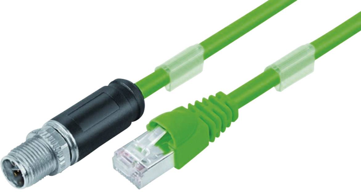 Ein grünes Ethernet-Kabel mit einem RJ45-Stecker und einem industriellen Steckverbinder.