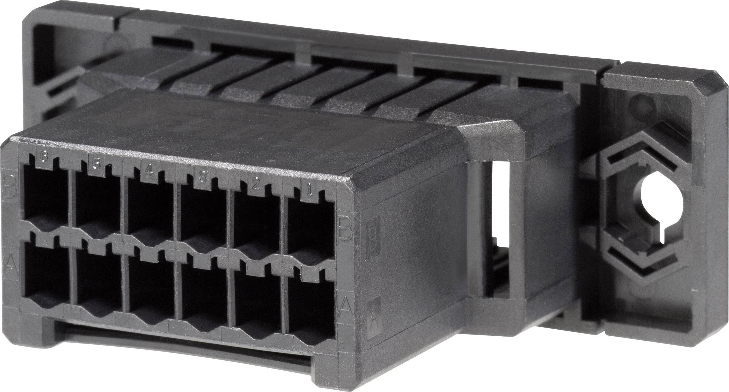 Ein schwarzer Kunststoffstecker mit mehreren rechteckigen Anschlüssen, möglicherweise für elektronische Verbindungen.