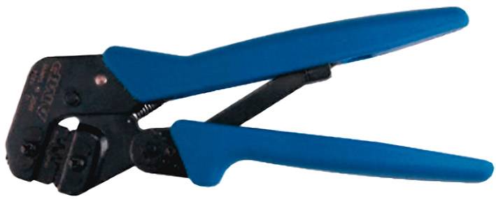 Handzange mit blauen Griffen, verwendet zum Kabelcrimpen, liegt auf weißem Hintergrund.