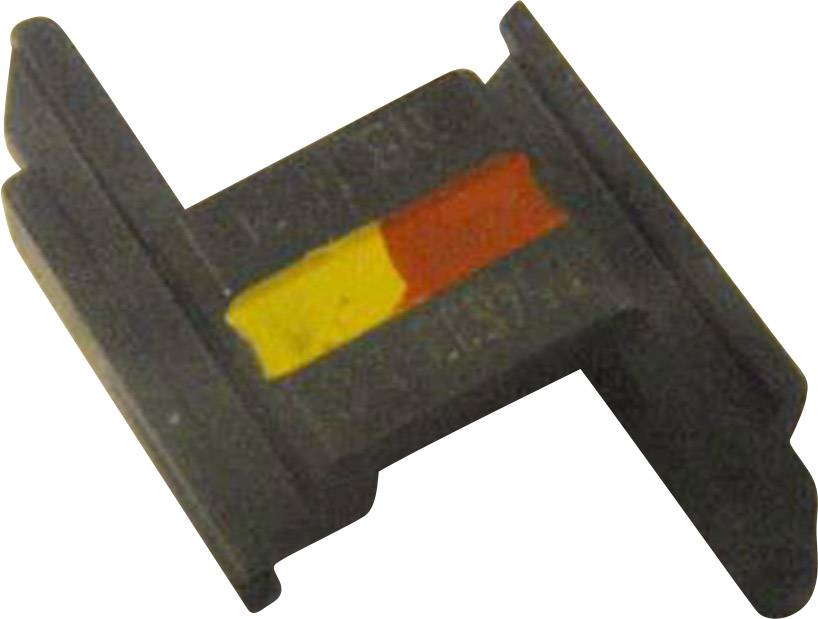 Eine Kunststoffhalterung mit einem roten und gelben Steckverbinder in der Mitte.