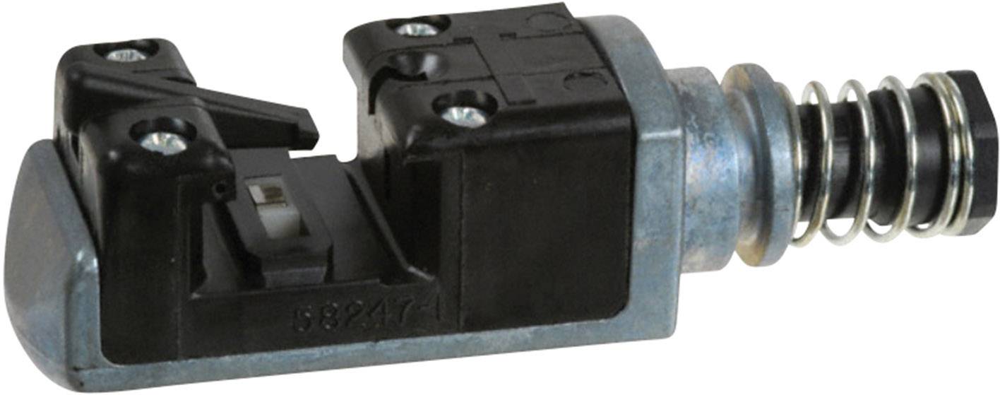 Ein hellblau-schwarzes Maschinenteil mit Federmechanismus und mehreren Schrauben, vermutlich ein hydraulisches oder pneumatisches Ventil.