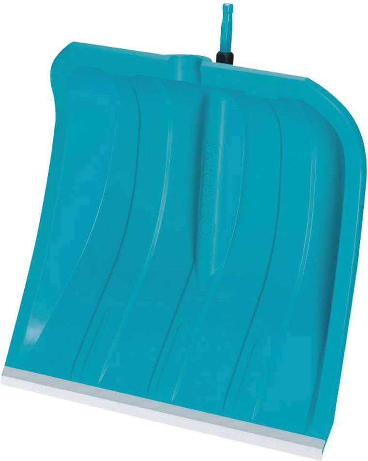 Blaue Schneeschaufel aus Kunststoff mit gerillter Oberfläche und Metallschiene am unteren Rand. Ideal zum Schneeräumen.