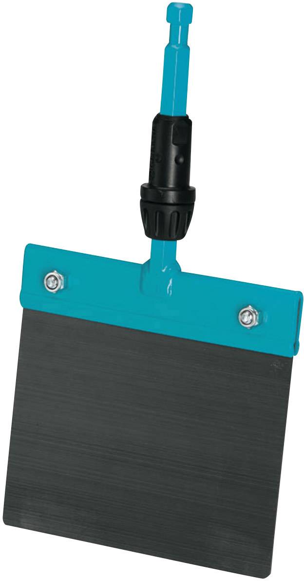 Ein blau-schwarzer Spachtel mit Schraubaufsatz. Die Metallklinge ist breit und rechteckig, ideal für Wandbearbeitungen.