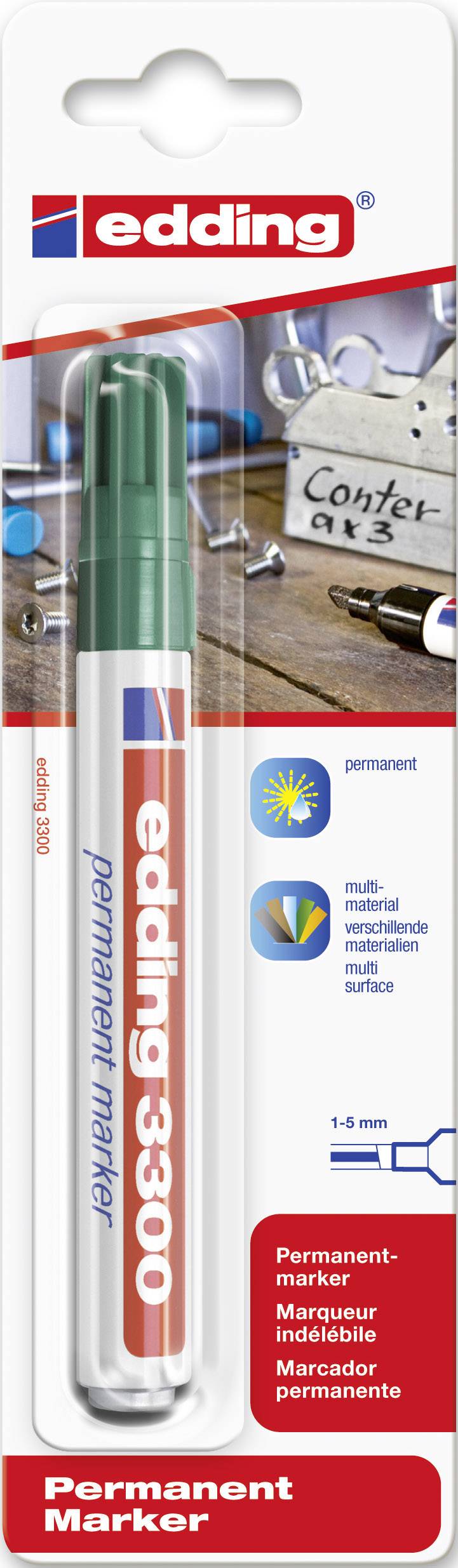 Grüner Edding 3300 Permanent Marker in Verpackung. Geeignet für Papier, Karton und Glas. Strichbreite 1-5 mm.