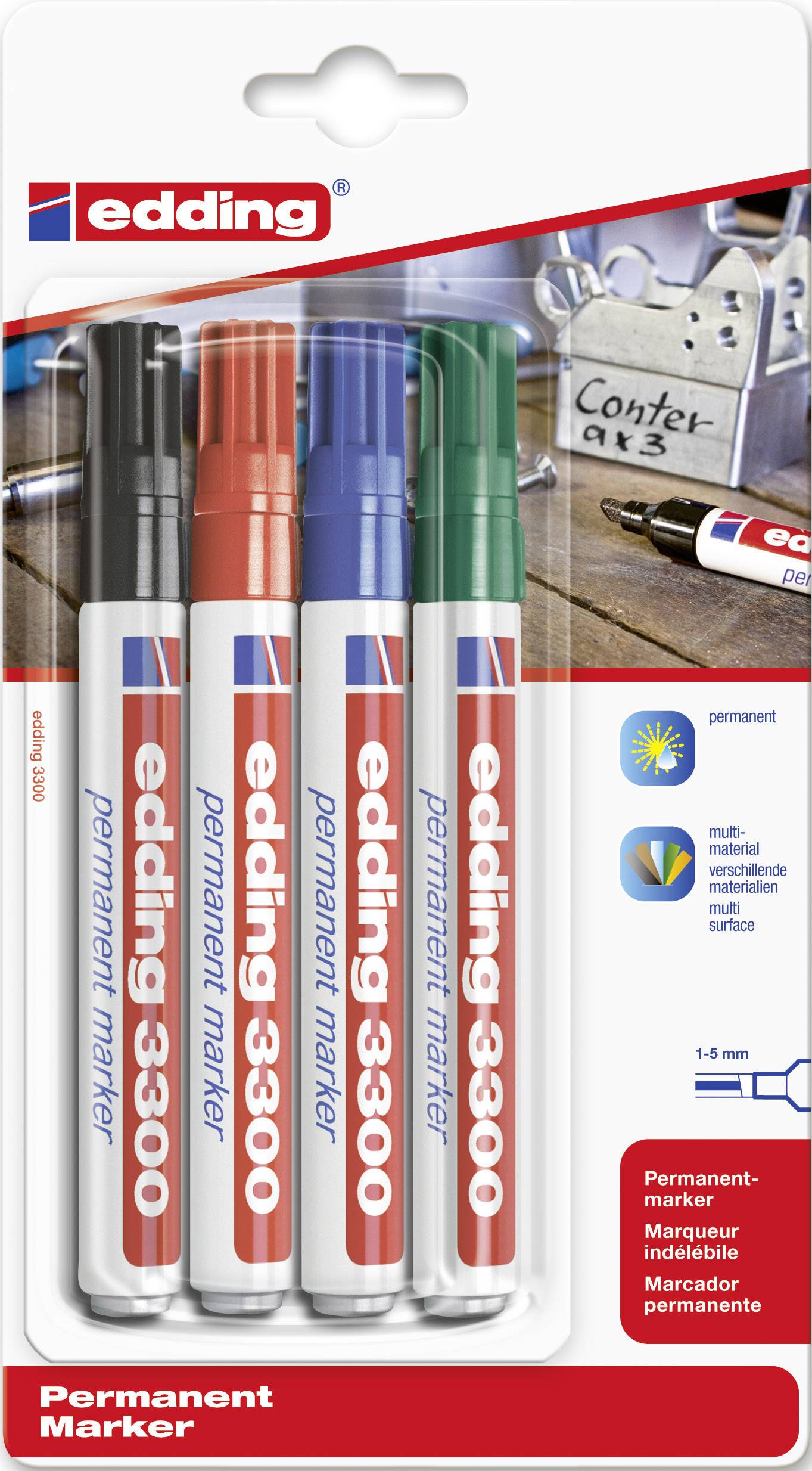 Edding edding 3300 4-3300-4 Permanentmarker Blau, Grün, Rot, Schwarz wasserfest: Ja