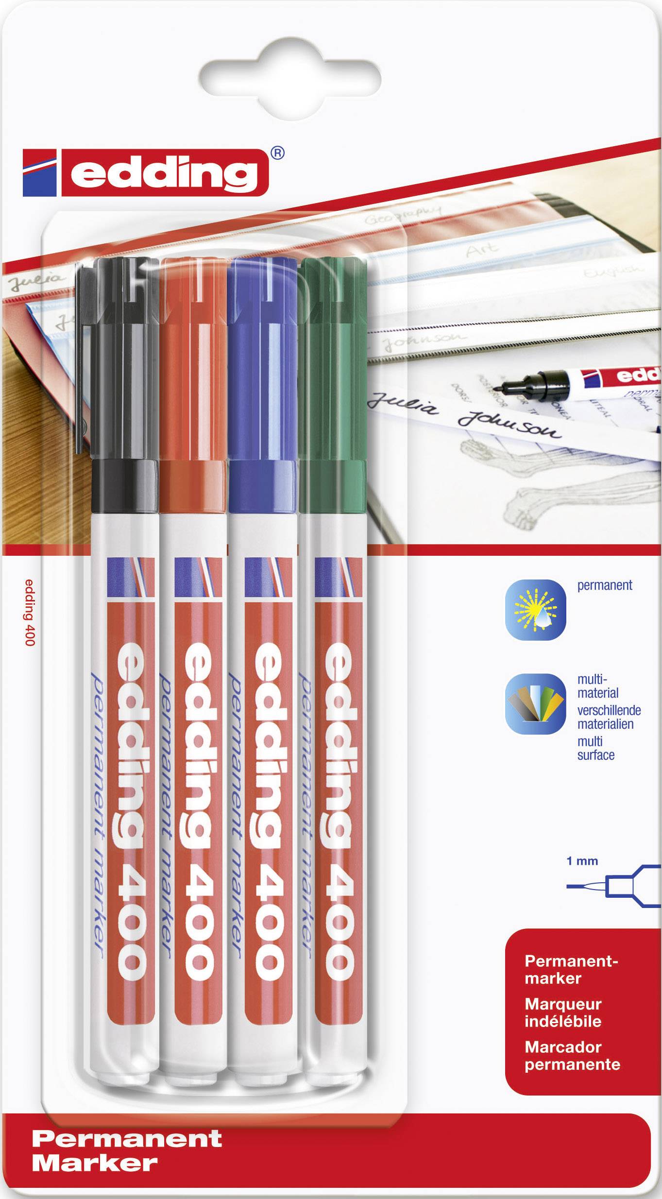 Edding 400 4-400-4 Permanentmarker Blau, Grün, Rot, Schwarz wasserfest: Ja
