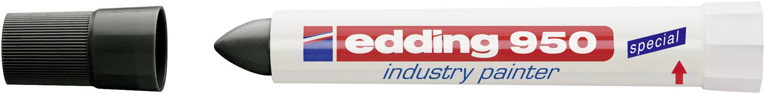 Kleiner, runder Marker mit schwarzer Kappe und schwarzer Spitze, 'edding 950 industry painter' in Rot und Blau auf weißem Körper.