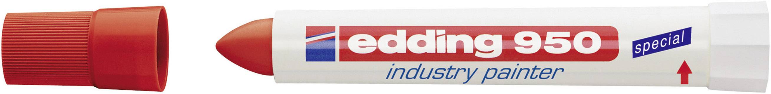 Zylinderförmiger, roter Industriemarker 'edding 950' mit abgenommenem Deckel, verwendet für Markierungen auf rauen Oberflächen.
