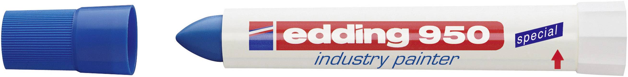 Blauer Industrie-Marker mit abgenommenem Deckel, Aufschrift 'edding 950 industry painter', zeigt Spitze und Pfeil rechtsweisend.
