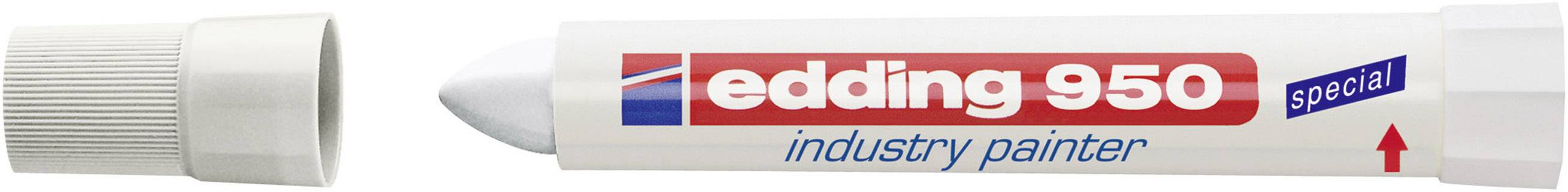 Ein weißer 'edding 950 industry painter' Marker mit rotem Logo und blauer Aufschrift liegt neben einer abgenommenen Kappe.