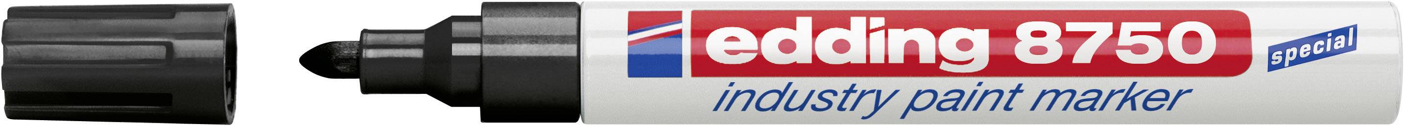 Geöffneter Edding 8750 Industrie-Lackmarker mit schwatzem Deckel und Spitze, geeignet für permanente Beschriftungen auf Metall und Kunststoff.