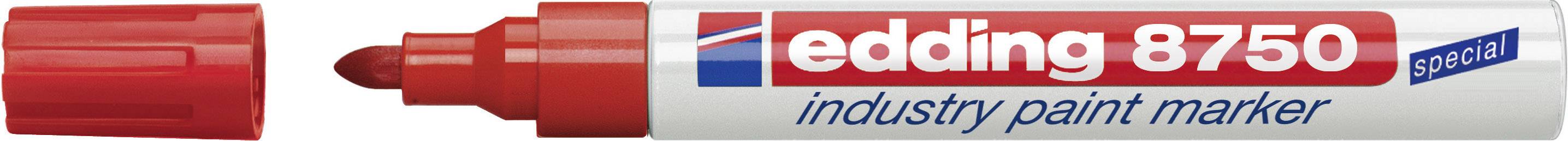 Roter Edding 8750 Industrie-Lackmarker mit abgenommenem Deckel, Spitze zeigt nach links, geeignet für dauerhafte Markierungen.