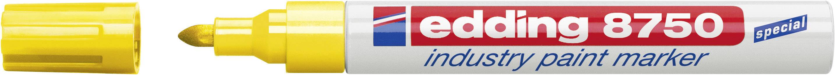 Gelber edding 8750 Industrielackmarker mit geöffneter Kappe, geeignet für dauerhafte Markierungen auf verschiedenen Oberflächen.