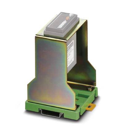 Ein elektronisches Gerät mit grünem Gehäuse und Metallabdeckung, auf einer DIN-Schiene montiert.