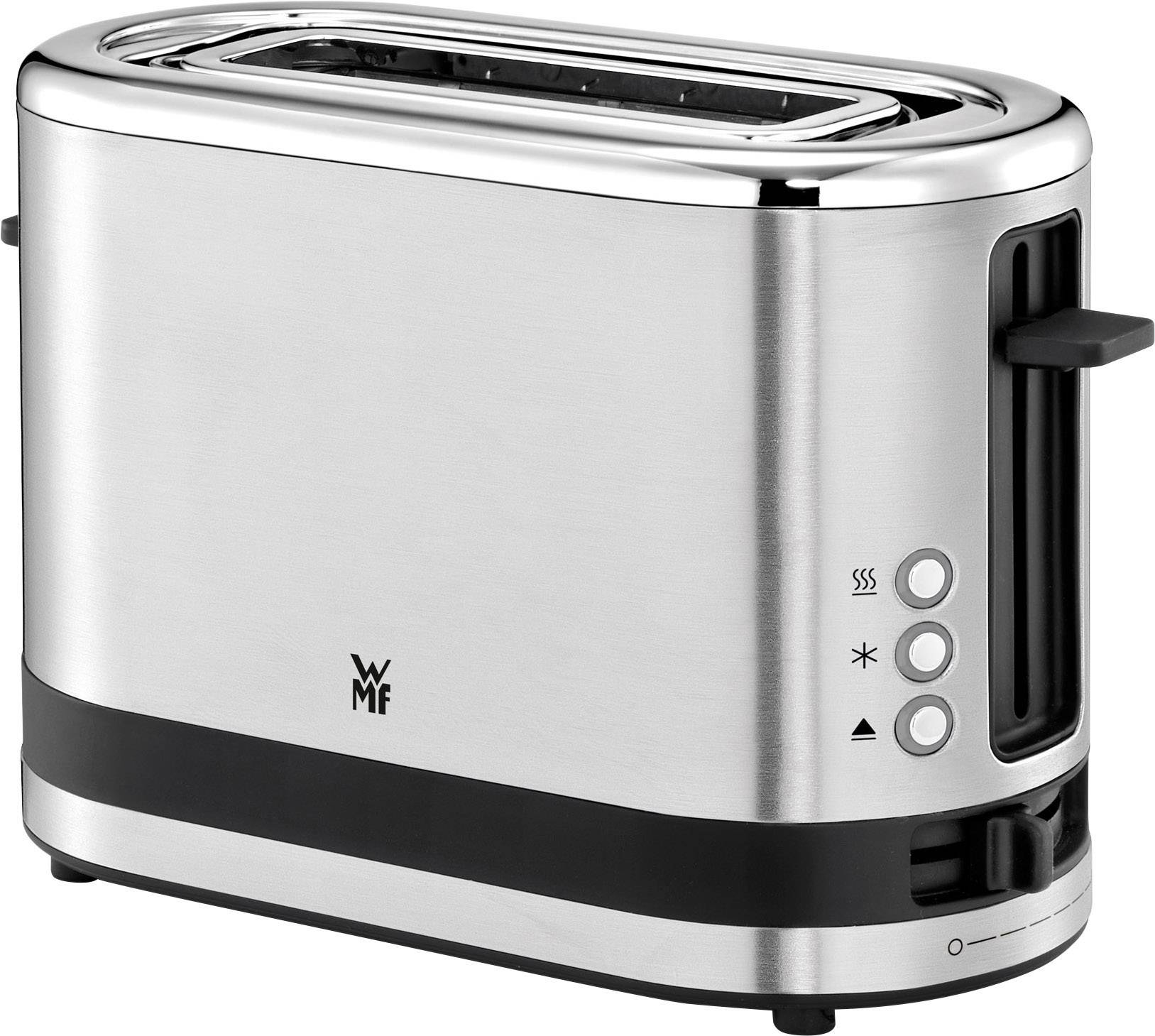 Ein silberner Toaster mit zwei Schlitzen, seitlichen Bedienelementen und WMF-Logo, steht auf einer weißen Oberfläche.
