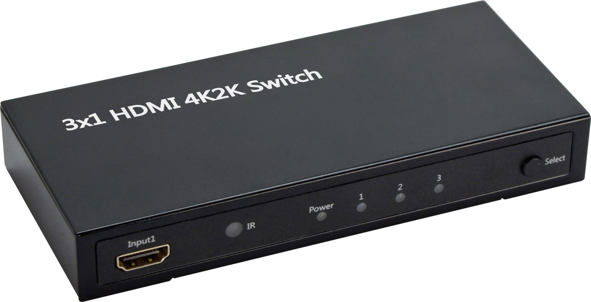 Schwarzer HDMI-Switch mit drei Eingängen und einem Ausgang, beschriftet mit '3x1 HDMI 4K2K Switch', Tasten zur Eingangswahl.