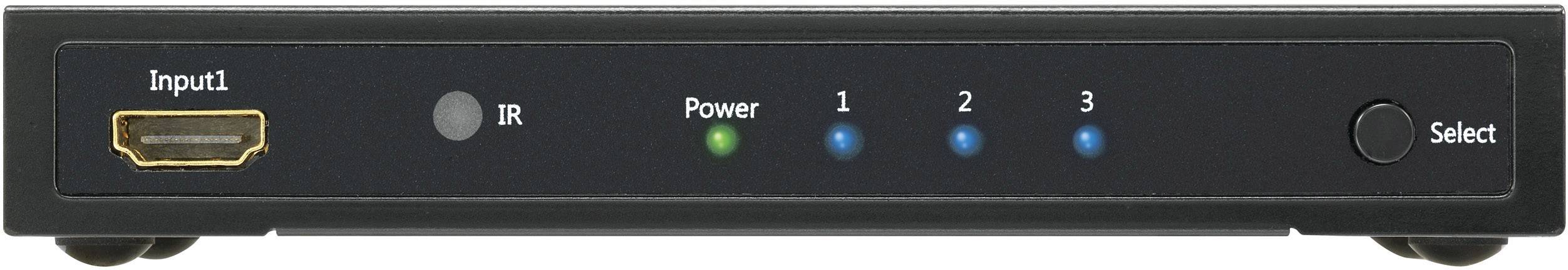 Ein HDMI-Switch mit vier Anschlüssen: 'Input', Infrarot (IR), 'Power' leuchtet grün, drei blaue Eingangsanzeigen (1, 2, 3), 'Select'-Knopf.