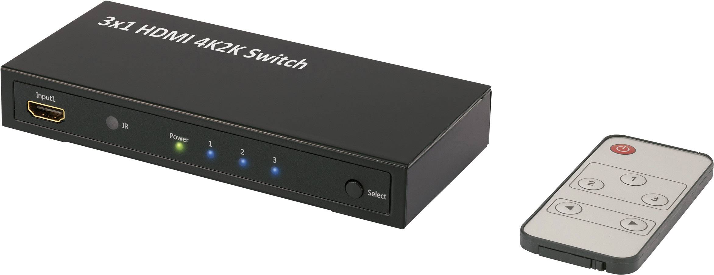 Ein schwarzer HDMI-Umschalter mit der Aufschrift '3x1 HDMI 4K2K Switch', daneben eine Fernbedienung mit vier Tasten.