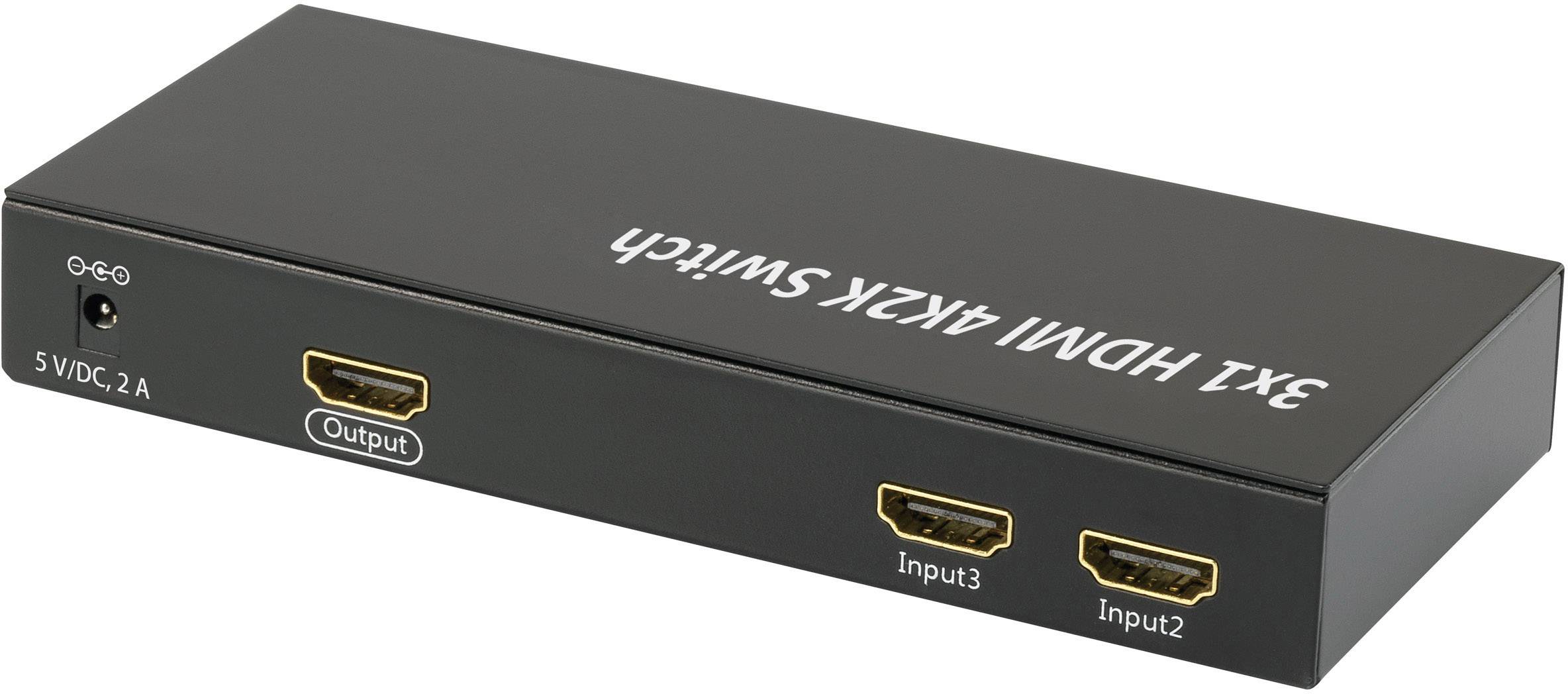 '3x1 HDMI 4K2K Switch' auf einem schwarzen Gerät mit drei Eingängen und einem Ausgang für HDMI-Anschlüsse.