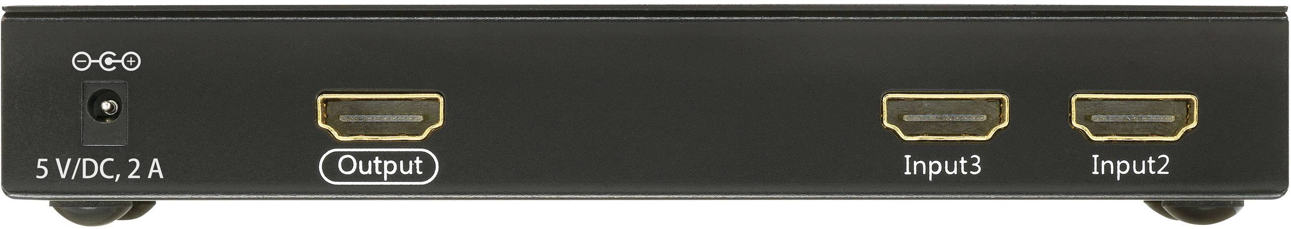 HDMI-Switch mit drei Eingängen und einem Ausgang, Anschluss für 5V DC, 2A Stromversorgung.