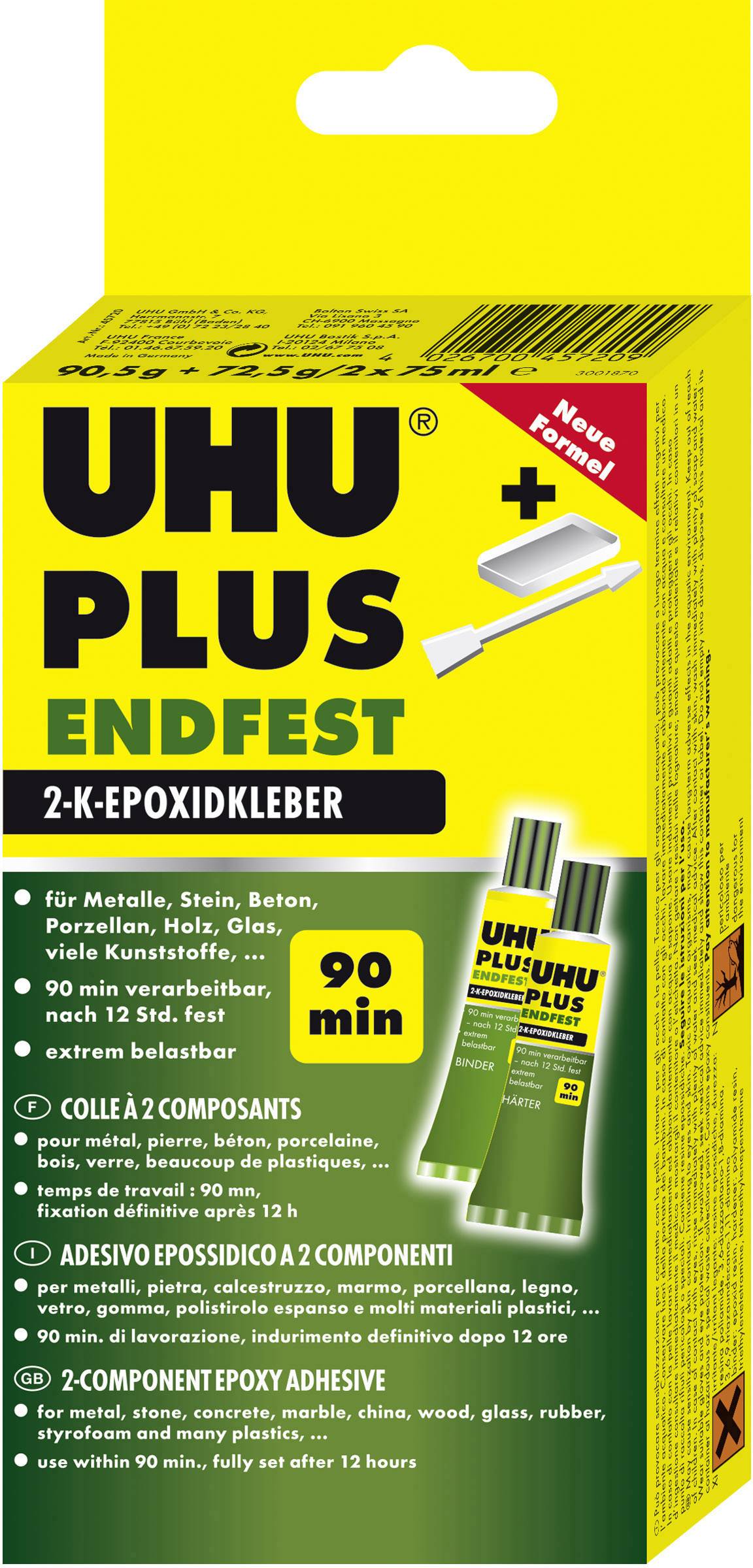Verpackung von UHU Plus Endfest 2-K-Epoxidkleber, geeignet für Metall, Stein, Beton, Porzellan; enthält 90-Minuten-Kleber.