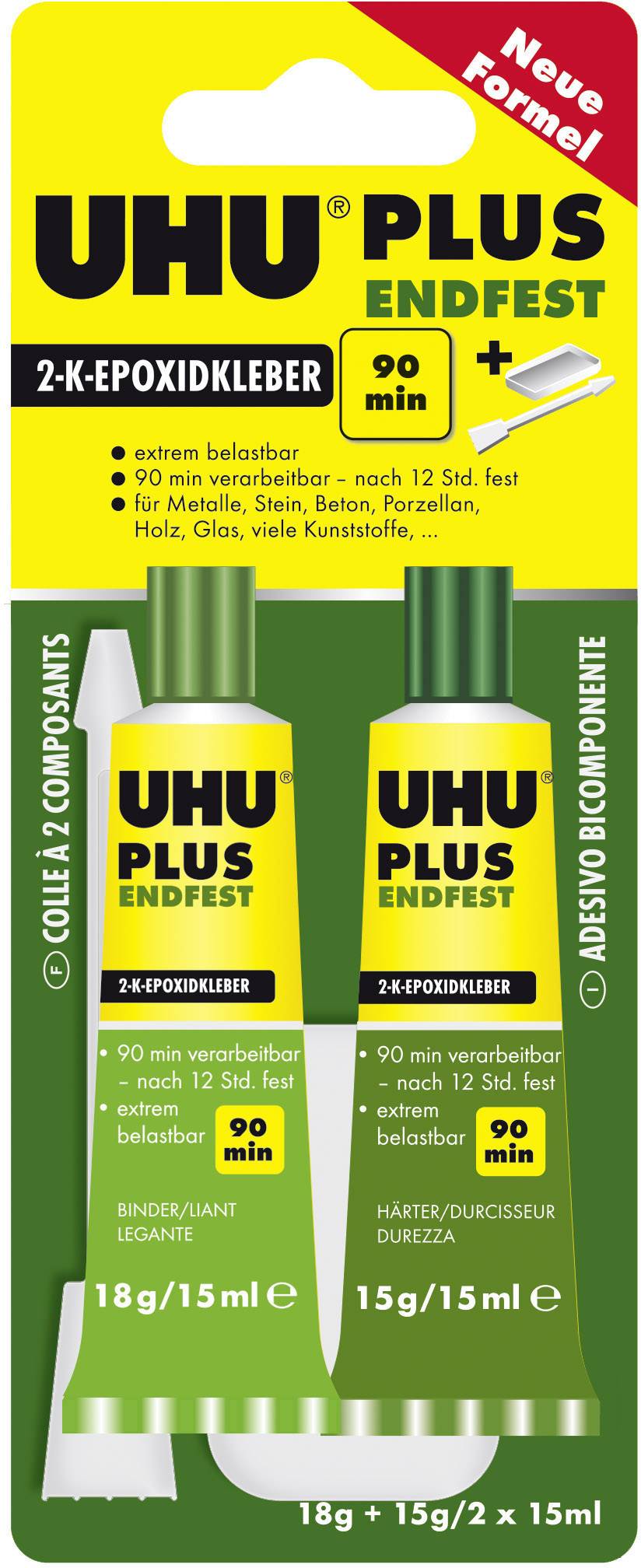 Verpackung von UHU Plus Endfest 2-K-Epoxidkleber, neue Formel, 90 Min Verarbeitungszeit, geeignet für Holz, Glas, Metall.