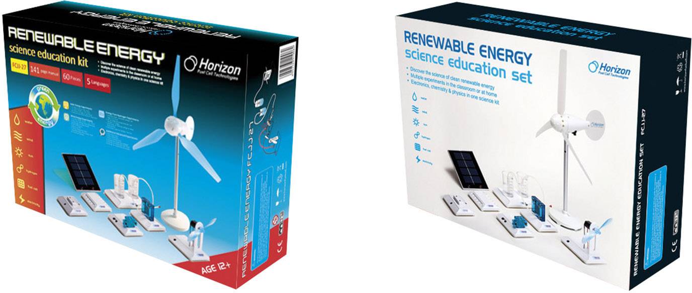 Auf der Verpackung steht 'Renewable Energy Science Education Kit'. Enthält Komponenten wie Windturbine, Solarpanel und Brennstoffzelle. Zielgruppe: Bildung im Bereich erneuerbare Energien.