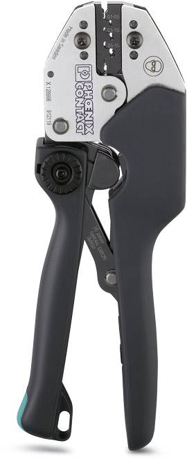 Crimpzange mit schwarzem Griff, geeignet zum Verpressen von Kabelschuhen und Aderendhülsen im Elektrobau.