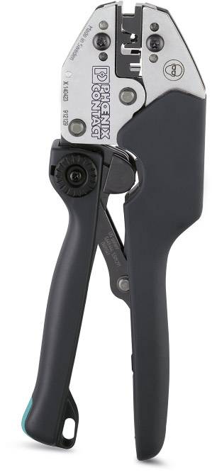 Crimpzange mit schwarzem Griff und metallenen Backen zum Verbinden von Kabeln; Markenname auf einem Teil eingeprägt.