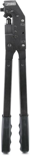 Schwarze Handnietzange mit länglichen Griffen und Metallkopf, verwendet zum Verbinden von Materialien durch Nieten.