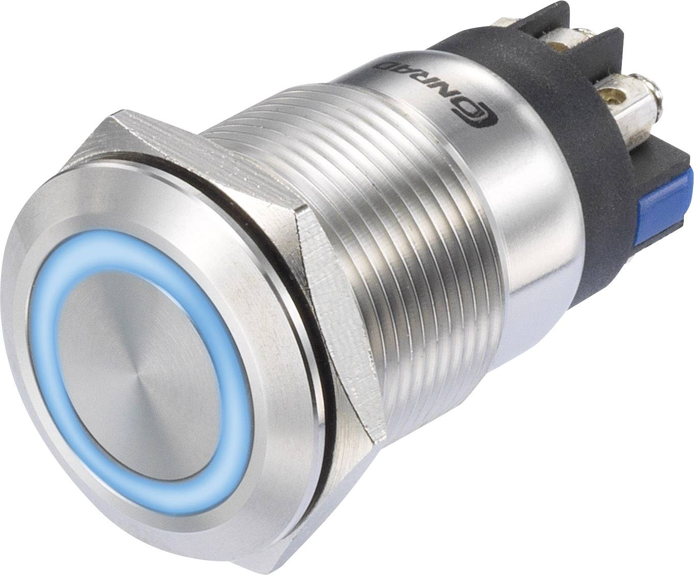 Metallschalter mit blauem LED-Ring und geriffeltem Gehäuse. Geeignet für industrielle Anwendungen zur Steuerung von Geräten.