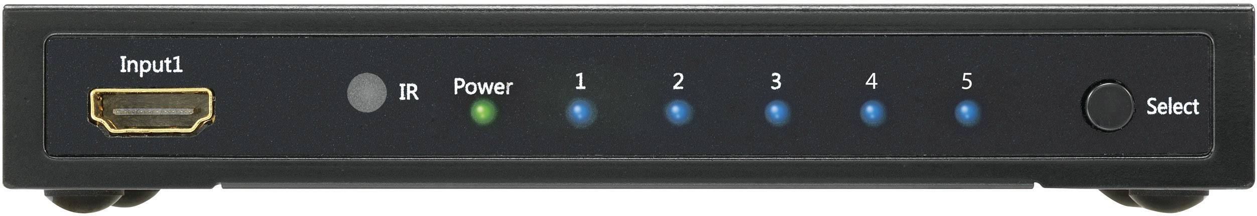 Ein HDMI-Switch mit fünf Eingängen und einer Select-Taste. Ein Infrarot-Sensor und ein Power-LED sind ebenfalls sichtbar.