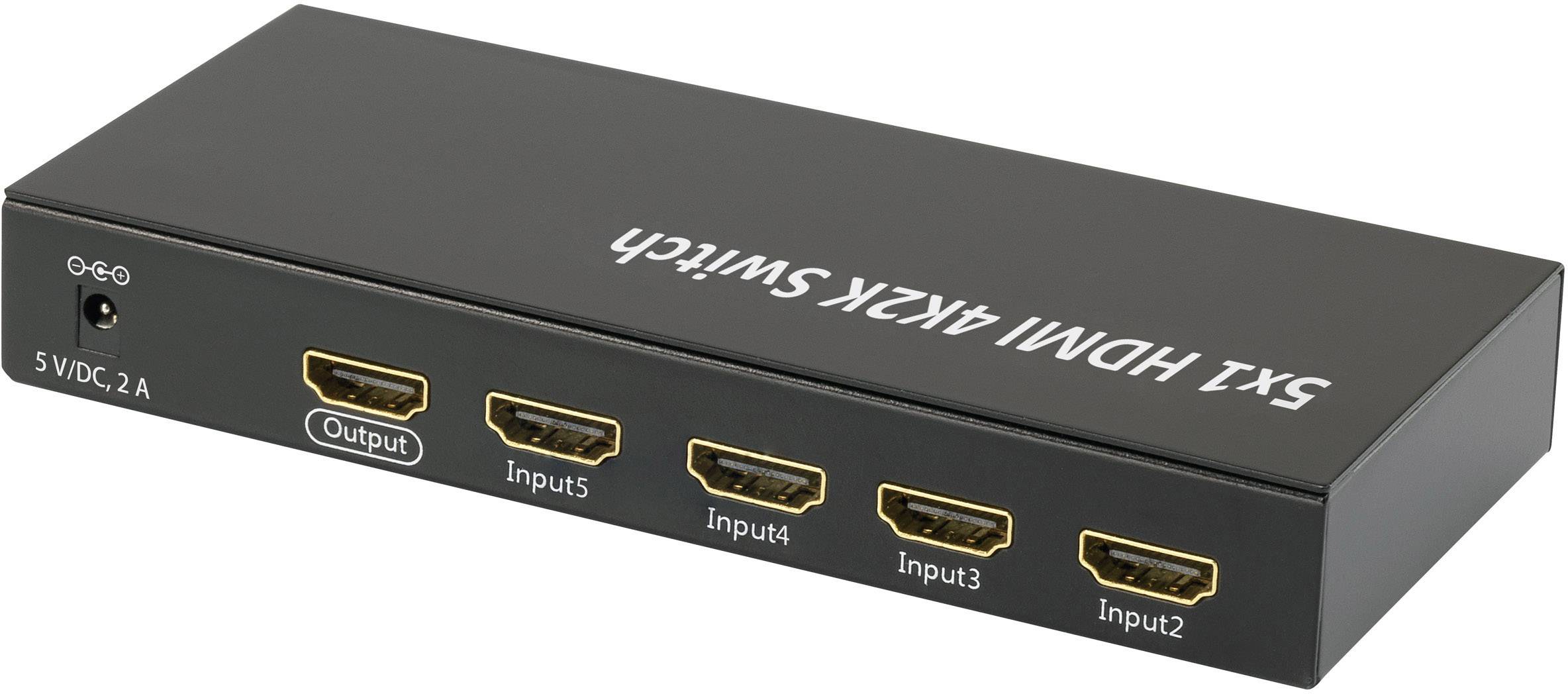 Ein HDMI-Switch mit fünf Eingängen und einem Ausgang, jeweils mit HDMI-Anschlüssen. Aufschrift: '5x1 HDMI 4K2K Switch'.