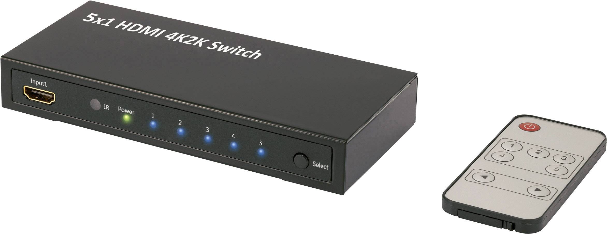 Schwarzer HDMI-Switch mit fünf Eingangs-LEDs und einer Fernbedienung. Beschriftung: 5x1 HDMI 4K2K Switch.