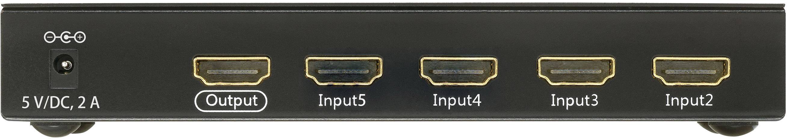 Ein HDMI-Umschalter mit fünf Eingängen (Input2 bis Input5) und einem Ausgang (Output), geeignet für eine 5V DC, 2A Stromversorgung.