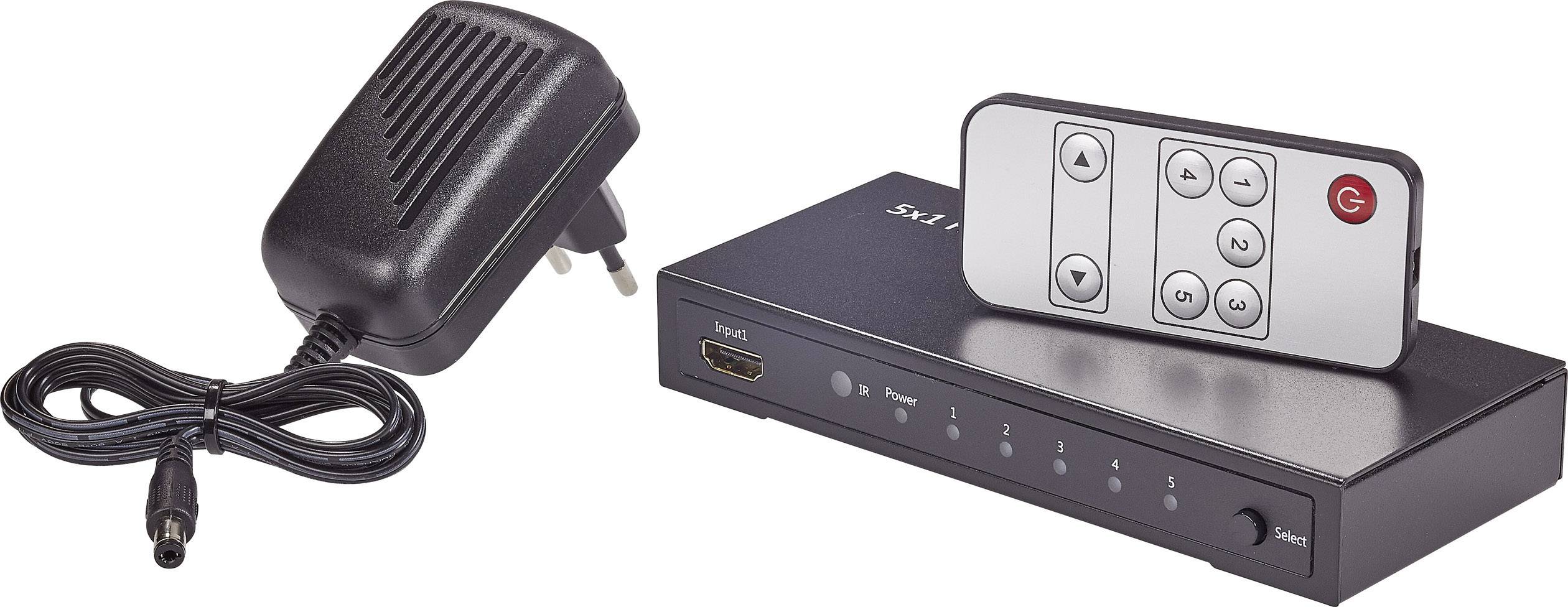 Ein HDMI-Switch mit Fernbedienung und Netzteil. Der Switch hat vier Eingänge für mehrere Geräte und eine LED-Anzeige für den aktiven Anschluss.