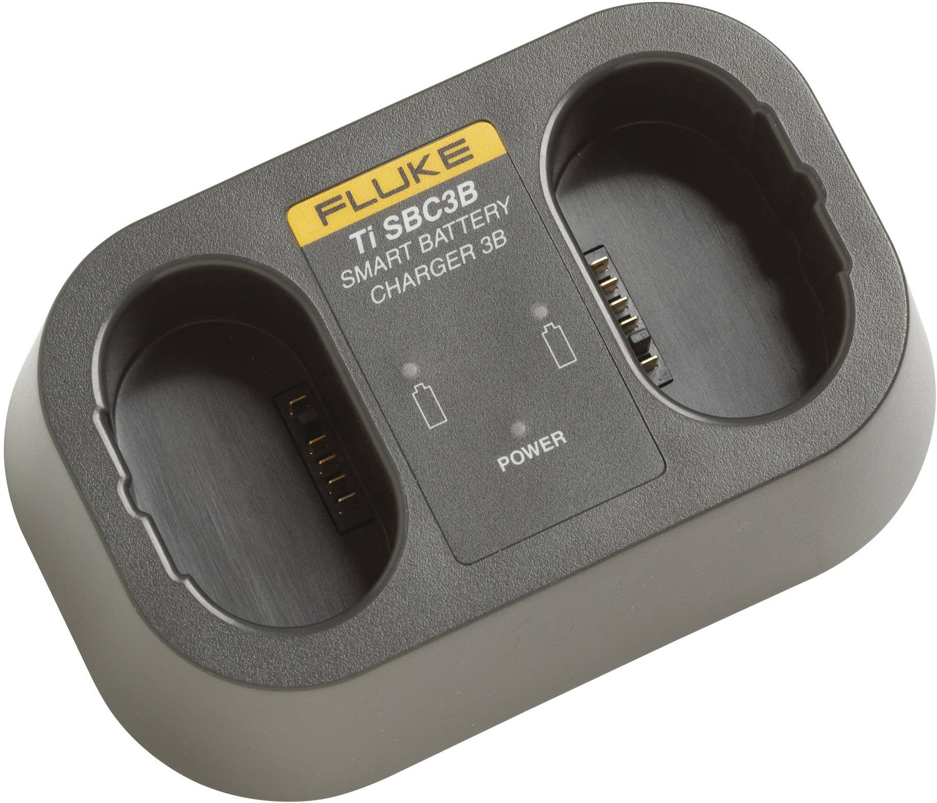 Batterieladegerät mit zwei Ladeplätzen, beschriftet mit 'Fluke Ti SBC3B Smart Battery Charger'. Zeigt Statusanzeigen für den Ladefortschritt.